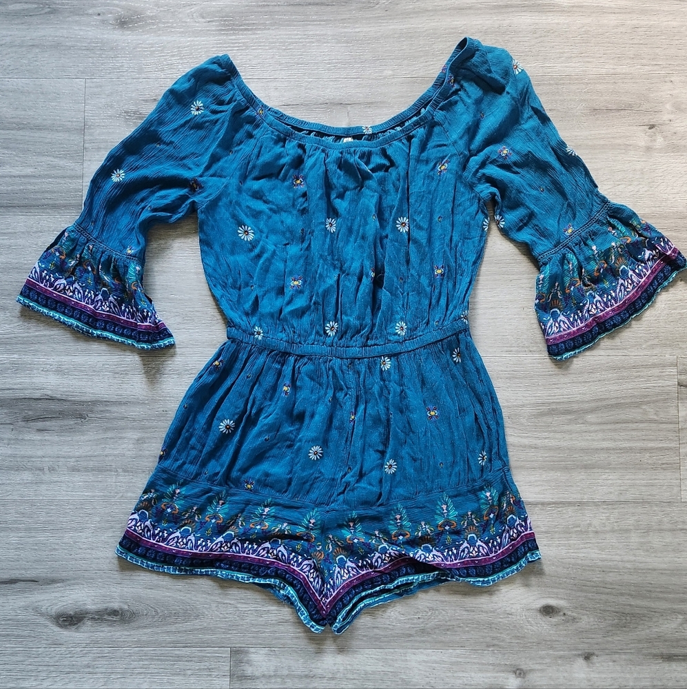 Mudd Vibrant Blue Bohemian Off The Shoulder Romper NWOT